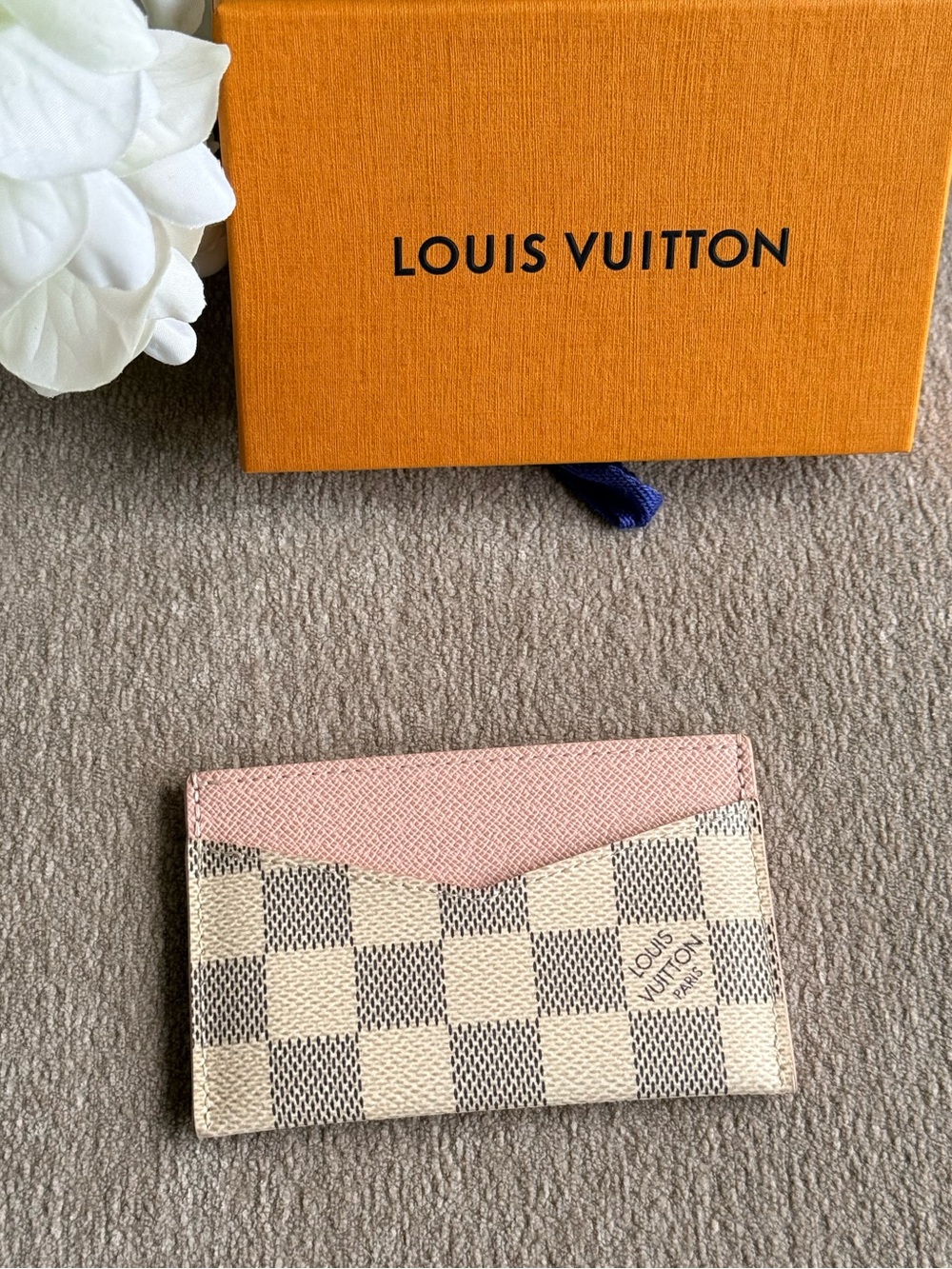 Louis Vuitton Damier Azur Card Holder with Pink Trim Authentic